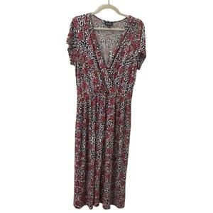 Mod Cloth Faux Wrap Dress Flower Print Red Blue White Women's L Rayon 2452